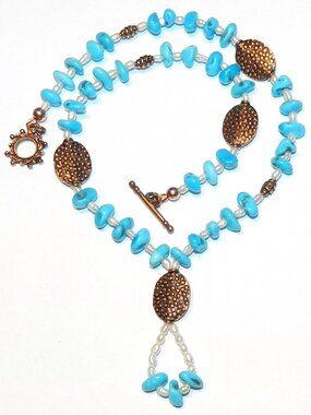 CF117 "Burnished Sky" Sleeping Beauty Turquoise, Pearl & Copper 18" Necklace